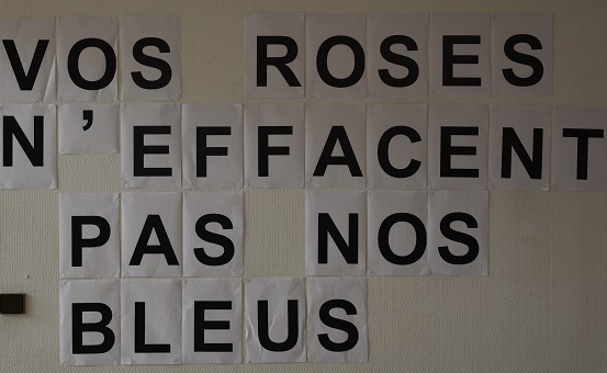 Photo d'un collage féministe avec le message "Vos roses n'effacent pas nos bleus"