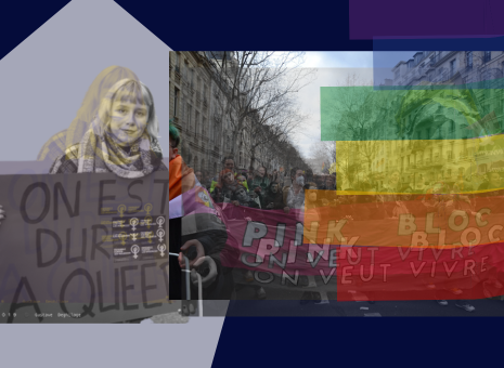 A gauche, une manifestante porte une pancarte sur laquelle on lit "On est dur à Queer" et sur la droite on aperçoit un cortège du pink bloc et une banderole sur laquelle est inscrit "on veut vivre"
