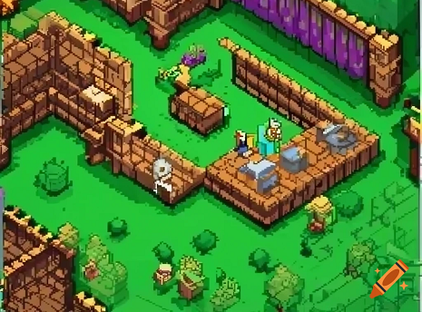 Image générée via l'IA Craiyon avec le prompt isometric pixel art background for a jrpg video game