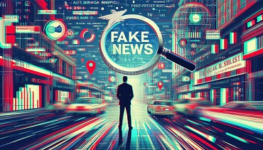 avec un effet glitch d’une personne debout dans une rue passante avec une loupe à la main entourée d’une multitude  d’informations, de données, de chiffres, de graphiques. Le texte fake news  apparait en haut au centrer de l’image